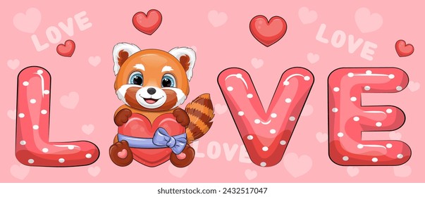 Word Love and cute cartoon red panda with heart. Vector illustration of animal on pink background with hearts.