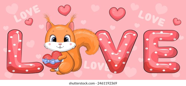 Word Love and cute cartoon red panda with heart. Vector illustration of animal on pink background with hearts.