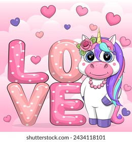 Word Love and cute cartoon unicorn with necklace and flower. Vector illustration of animal on pink background with hearts.