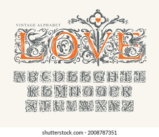 The word LOVE decorated with old key. Vector set of hand-drawn initial letters on a light background. Vintage Alphabet. Luxury design of ornate typeface for monogram, card, invitation, label, logo