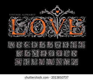 The word LOVE decorated with old key. Vector set of silver initial letters on a black background. Vintage hand-drawn Alphabet. Luxury design of ornate font for monogram, card, invitation, logo, label