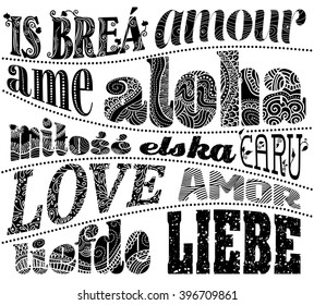 The word love in different languages, vector illustration