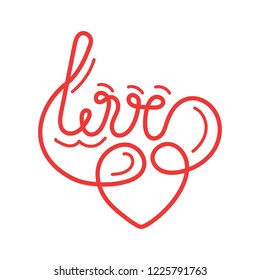 The word "love", the endless closed line, the heart . Valentines.  Vector calligraphy.