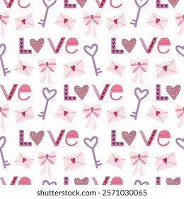 Word love, envelopes, keys and pink bows, Valentine's Day, Scandinavian style, perfect for fabric, wrapping paper, textiles, baby bedding, wallpaper, pajamas.