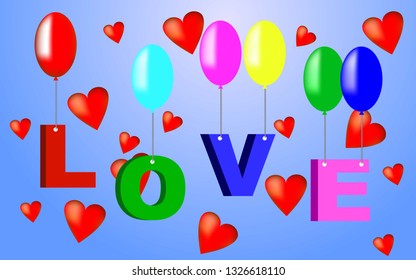 
the word love is floating on balls with hearts on a blue background
