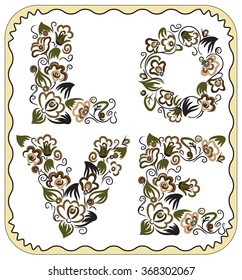 word Love with floral pattern. Vector lettering stylish text