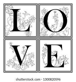 Word Love with flourish pattern.  Floral decor for  St. Valentine's Day. Wedding typography. Template for  cutting and wood carving. Laser cut. Paper cut. Vector illustration.