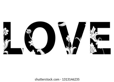 Word Love with flourish pattern. Floral decor for St. Valentine's Day. Wedding typography. Template for cutting and wood carving. Laser cut. Paper cut. Vector illustration.