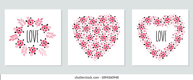 The word love in a flower frame in the shape of a heart. Valentine's day or wedding card set