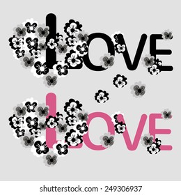 The word "love" with flower heart. Black and white floral heart with letters.