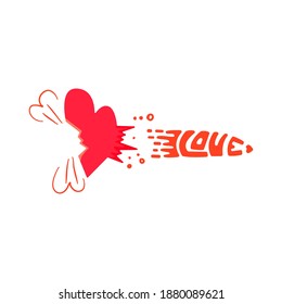 The word love in the form of a bullet pierces the heart. Concept for print or postcard.