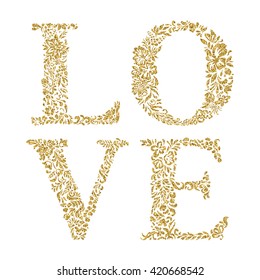 the word "love" with a gold pattern