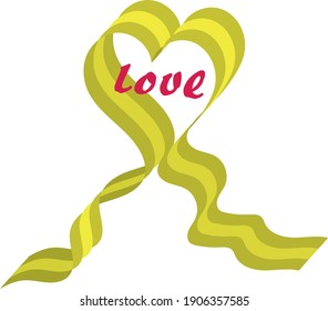 the word love in a gold striped ribbon folded in the form of a heart