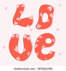 Word love hand drawn vector illustration  with hearts isolated on  pink background