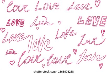 The word love is hand drawn and written in various styles for a Valentine's day greeting card. Vector illustration by hand