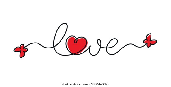 The word love is handwritten in a continuous line with a heart shaped letter o and butterflies at the ends. Vector illustration, calligraphy, greeting card, invitation