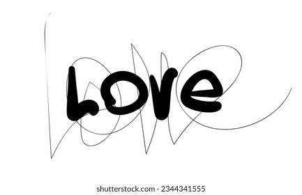 Word Love handwritten thick and thin black line text isolated on white background, Vector illustration