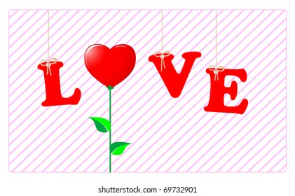 The word LOVE hanging and the O replaced by a flower-heart. Vector.