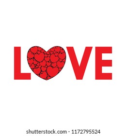 Word Love with heart. Big heart filled with small hearts. Vector illustration.