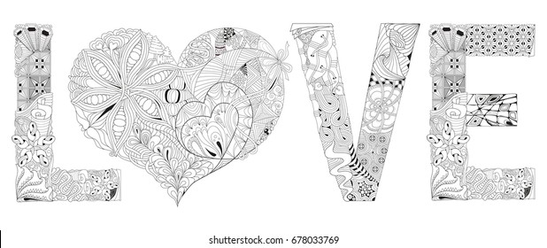 Word love with heart for coloring. Vector decorative zentangle object