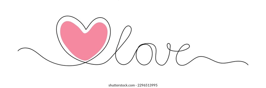 The word LOVE with a heart is a continuous one-line letter in the shape of a heart. Modern hand drawn calligraphy love text. Vector illustration. Design for printing on a shirt, poster, banner.