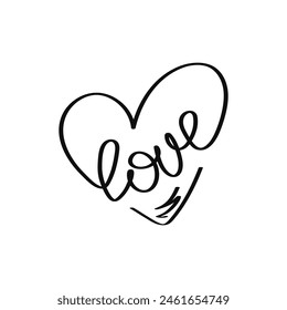 Word love with heart hand drawn lettering. Happy Valentine`s Day. Vector calligraphic inscription on a white background. Design for print on shirt, greeting card, poster. 