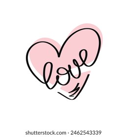 Word love with heart hand drawn lettering. Happy Valentine`s Day. Vector calligraphic inscription on a white background. Design for print on shirt, greeting card, poster. 