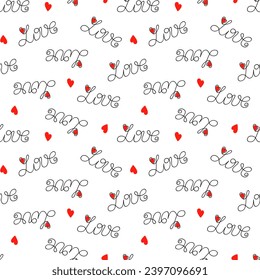 Word Love and heart seamless pattern simple calligraphy vector illustration, repeat ornament symbol of love, St Valentines day celebration, decor for love holiday for making cards, textile, gift paper