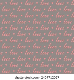 word love, heart shape repeated continuously. vector seamless pattern. pink, gray repetitive background. fabric swatch. wrapping paper. wedding design