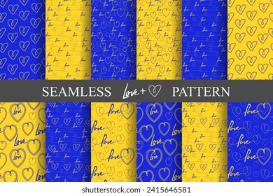 word Love and Hearts blue and yellow seamless pattern set, original lovely romance drawn, wallpaper for banner, wrapping paper, greeting card, poster