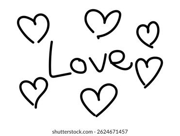 Word love with hearts made of black brush stroke