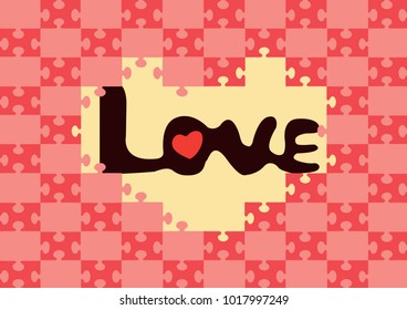 The word of love hide under the puzzle that have the shape of hearts.