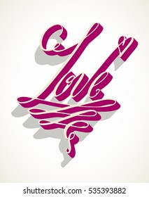 Word Love isolated over white. Hand written Valentine's day greeting card. Vector romantic holiday lettering.