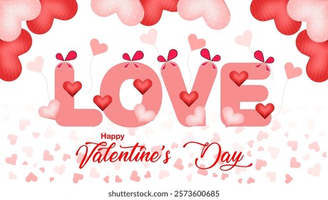 The word LOVE Large stylized letters with small hearts embedded Hearts Red and pink hearts scattered some with bows symbolizing love Happy Valentine's Day Festive font celebrating the occasion