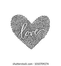 Word 'love' lettered in a heart shape made from dots