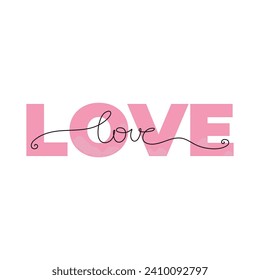 Word love lettering. Hand drawn pink and black line calligraphy. Ink vector inscription isolated on white background. Lettering for your handcrafted goods, product, shop, tags, labels