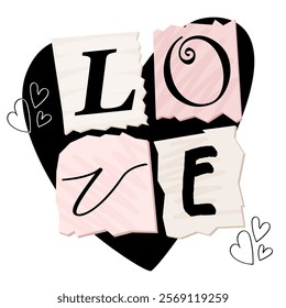 Word love. Letters on torn paper. Design concept for February 14. Vector banner, postcard with Valentine's Day. Modern collage with dark heart on white background.