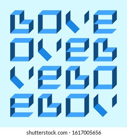 Word love made of letters in the form of flat blue stripes. Volumetric love letter for Valentine's Day. Minimal abstract geometry. 3D rendering.