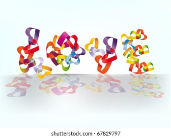 The word love made from multicolored interweaving heart shapes.