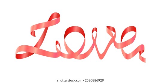 Word Love made from ribbon. Pink silk curly ribbon forms the inscription Love. Vector illustration for wedding invitation, romantic greeting card, valentine, certificate, banner.