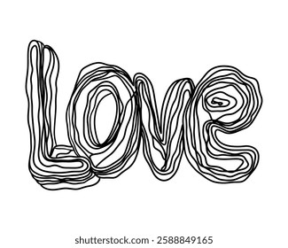 The word Love made of strings. Tangled threads forming the word. Hand-drawn illustration.