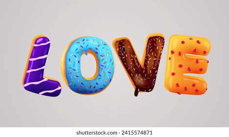 Word love made from sweet donuts. Happy Valentine's Day concept. Vector illustration
