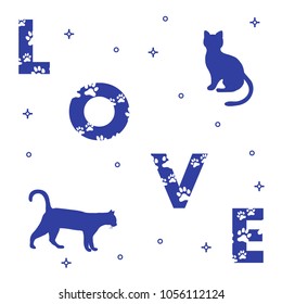 Word: Love. The message is decorated with traces of a cat. Cats. Template for design, print.