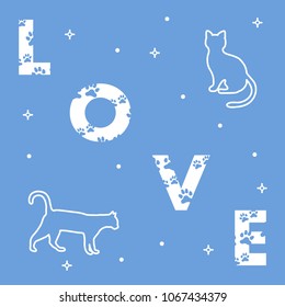 Word: Love. The message is decorated with traces of a cat. Cats. Template for design, print.