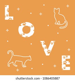 Word: Love. The message is decorated with traces of a cat. Cats. Template for design, print.