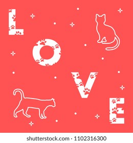 Word: Love. The message is decorated with traces of a cat. Cats. Template for design, print.