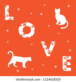 Word: Love. The message is decorated with traces of a cat. Cats. Template for design, print.