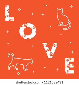 Word: Love. The message is decorated with traces of a cat. Cats. Template for design, print.