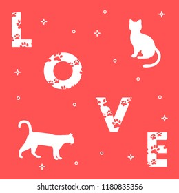 Word: Love. The message is decorated with traces of a cat. Cats. Template for design, print.