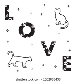 Word: Love. The message is decorated with traces of a cat. Cats. Template for design, print.
